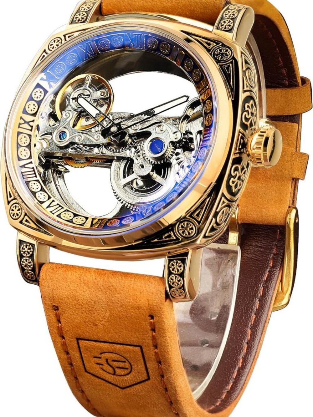 Luxury Mechanical Watch for Men, Retro Hollow Skeleton Design, Vintage Leather